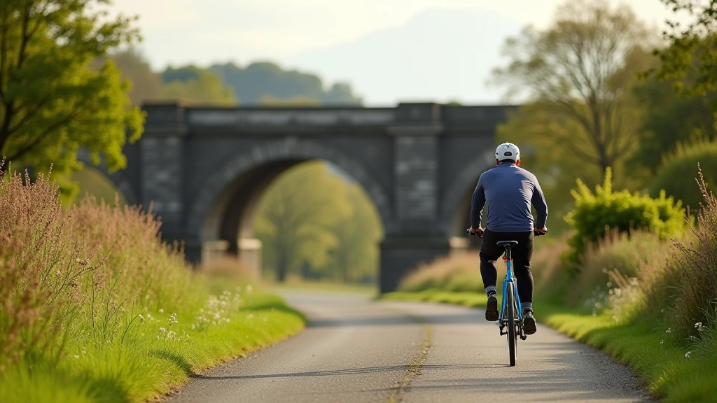 Cyclist on the Waterford to New Ross greenway cycling trail with historic viaduct in the background