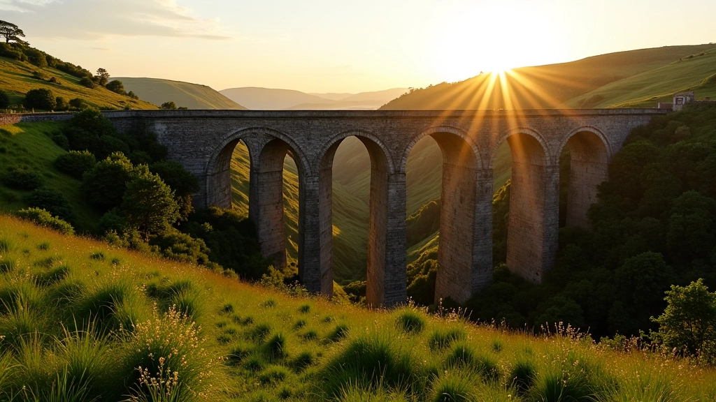 Historic stone railway viaduct with multiple arches spanning across green valley landscape during golden hour light