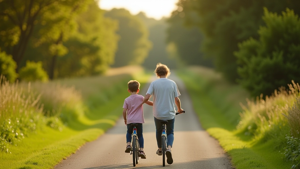Parent with young child on the greenway trail, demonstrating family-friendly cycling experience with clear sightlines